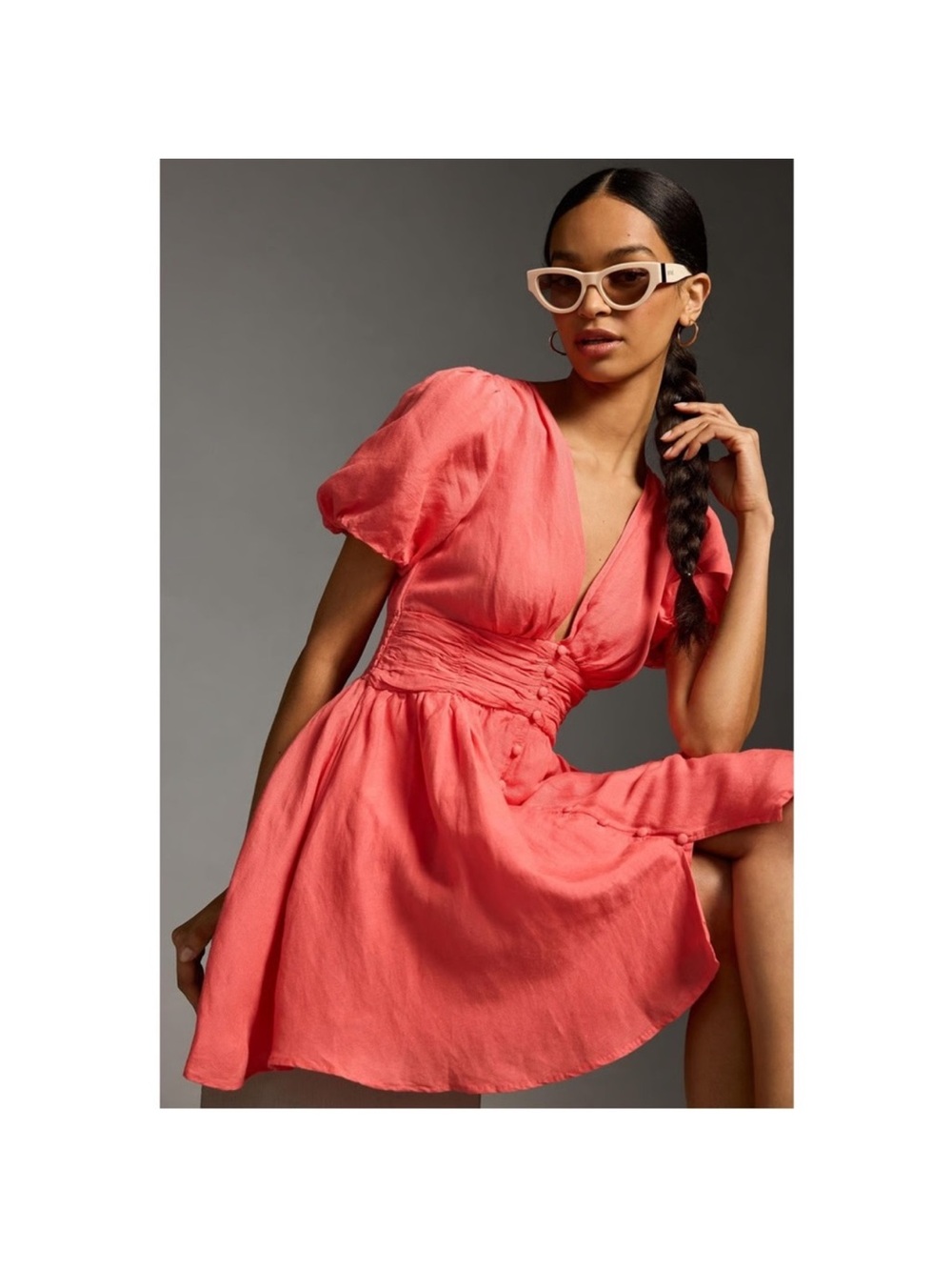 Anthropologie Katerina Button Front Coral V-Neck Puff Sleeve Mini Dress